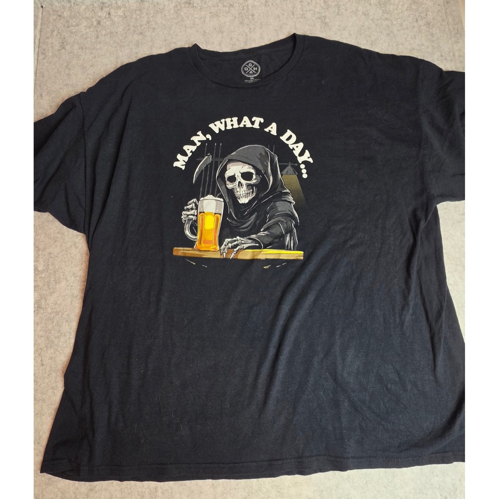 DOM Grim Reaper Man What A Day Beer Graphic T-Shirt Black 3XL Goth Horror Edgy
